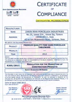 Zarin Iran Porcelain Industries has attained CE Certificate